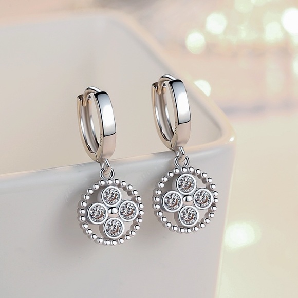 925 Stamped Silver Huggie Hoops w/CZ Pendant - Picture 3 of 6